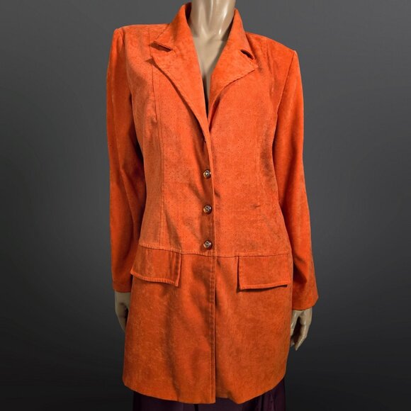 Vntage 90s Burnt Orange Microsuede Jacket Mid Length Trench Size M Fall Autumn - Picture 1 of 11